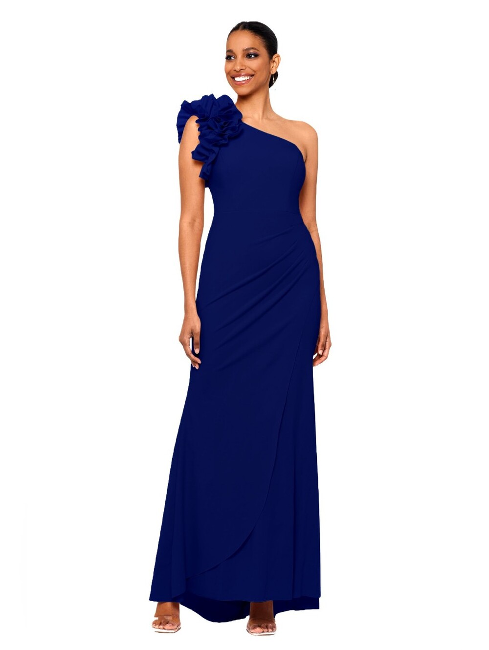 Xscape One-Shoulder,Floor-Length, Scuba Crepe Dress, Ruffle, Navy, 4P